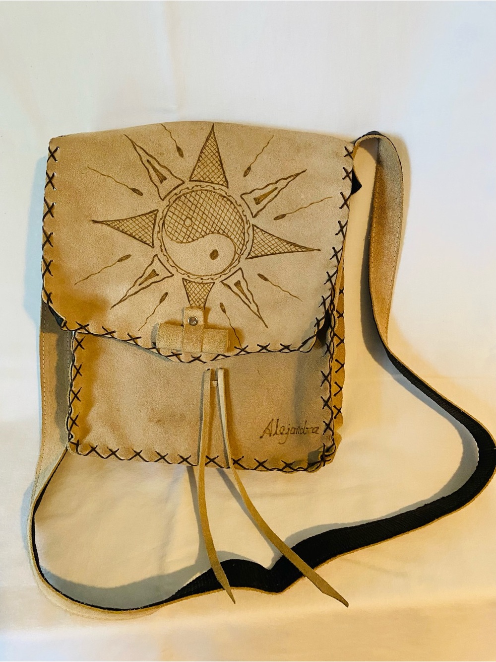 Suede Crossbody Bag with Sun & Yin-Yang Design - Beige